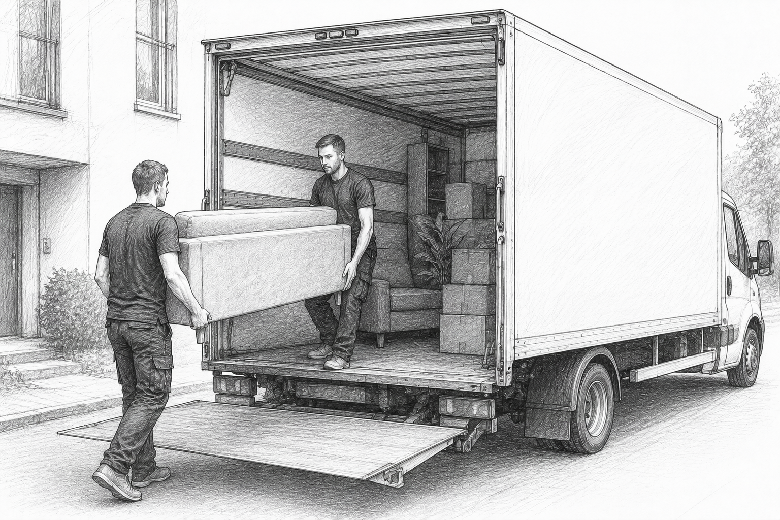 Zwei Möbelpacker der Möbel-Mitfahr-Zentrale tragen ein Sofa in den Transporter — Beiladung mit Tragen inklusive